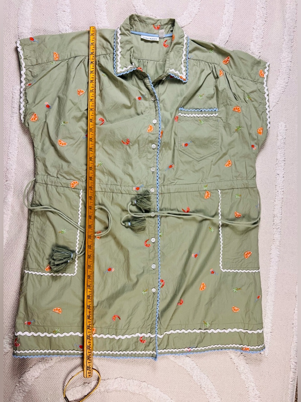 Roller Rabbit Ocaso Ellyott Dress – Olive Embroidered Shirt Dress –100% Cotton L - Picture 12 of 15